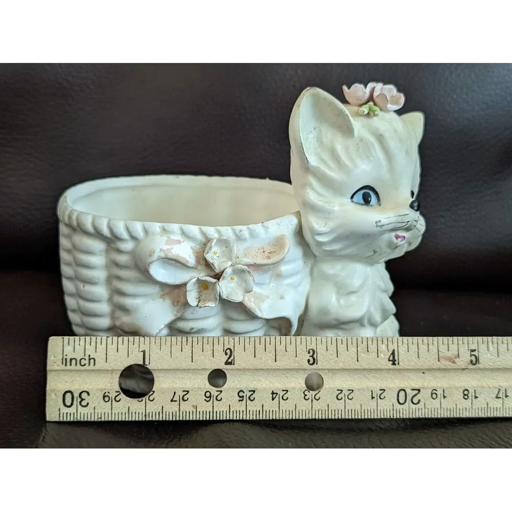 Vtg Lefton White Kitten Kitty Cat Planter Bow Blue Eyes Vase Anthropomorphic MCM